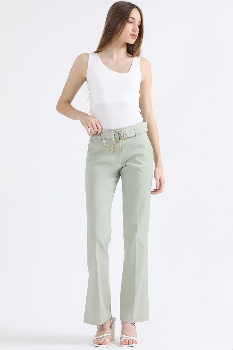 Pantalon Flare, Tiro Medio, Con Cinturon, Verde Liola-1