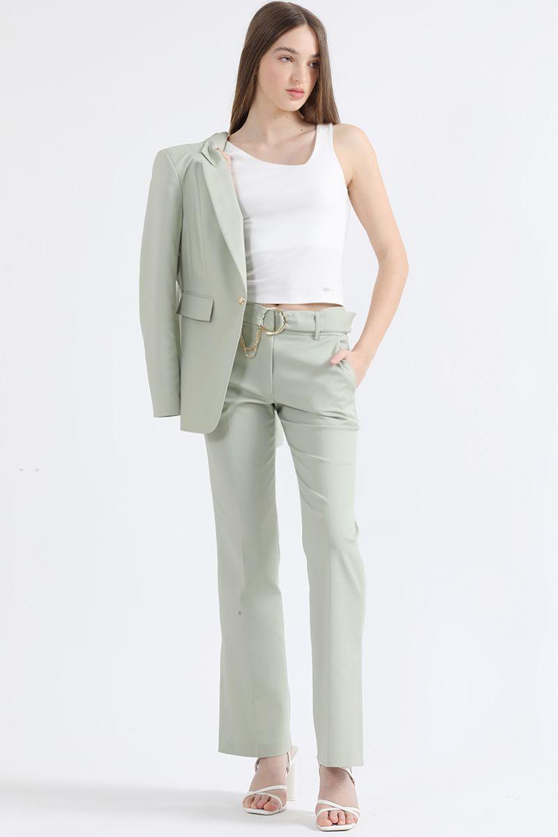 Pantalon Flare, Tiro Medio, Con Cinturon, Verde Liola-2