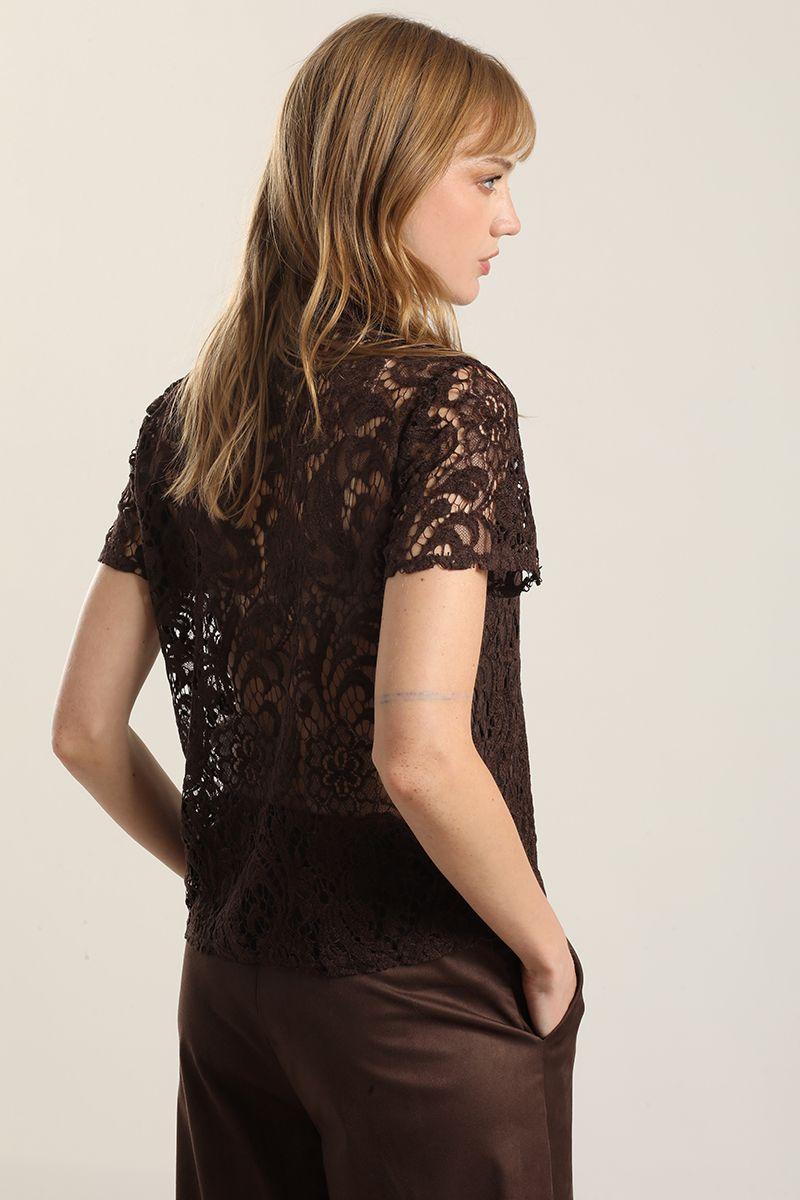 polera manga corta, encaje, camel Liola-3