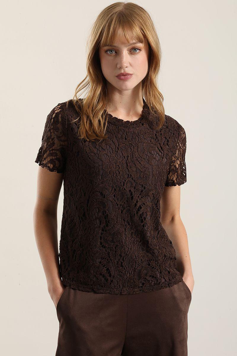 polera manga corta, encaje, camel Liola-2