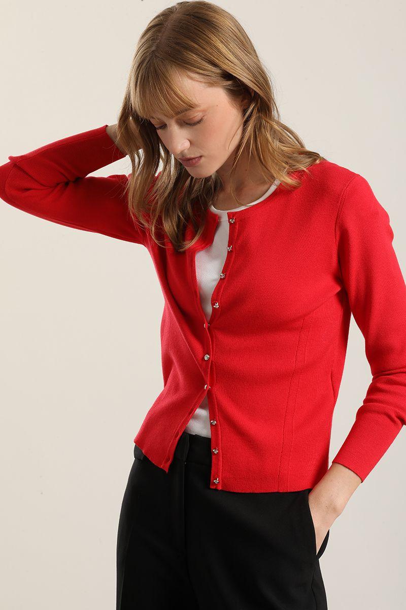 Cardigan basico punto, rojo Liola-3