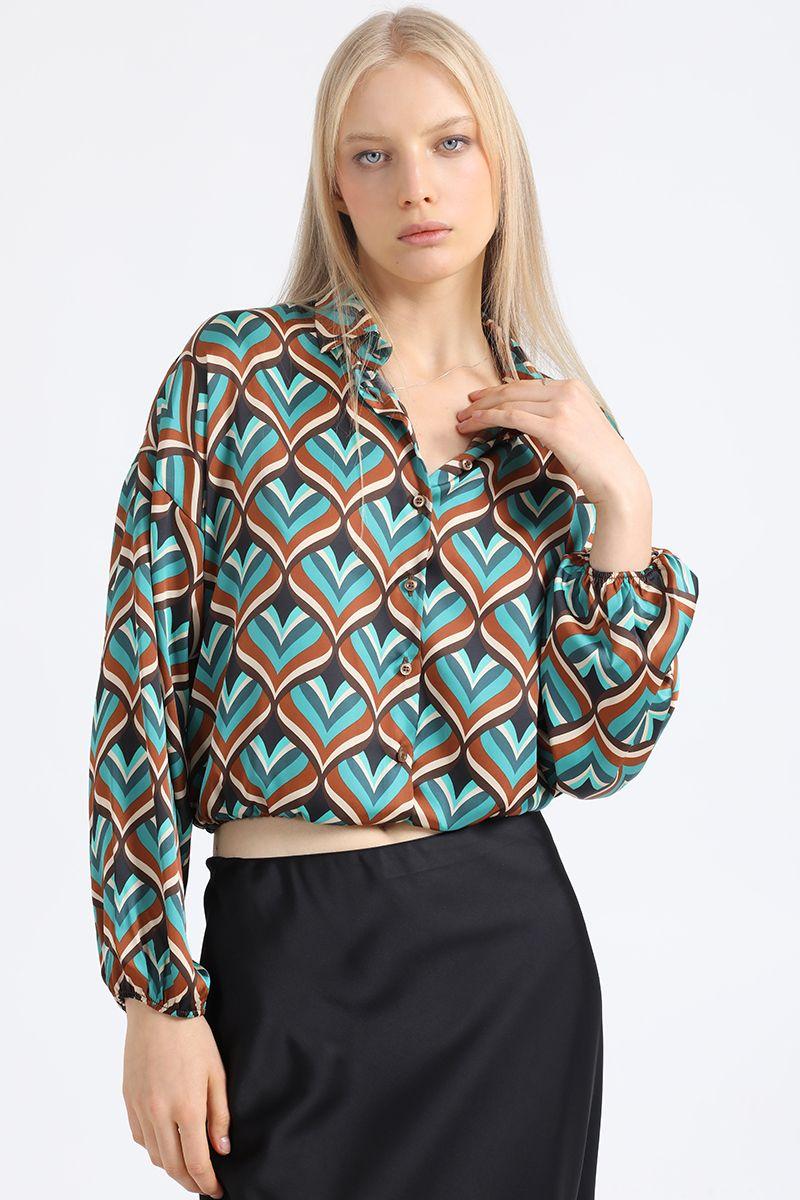 Blusa Crop Satin Estampado Retro, Café Liola-3