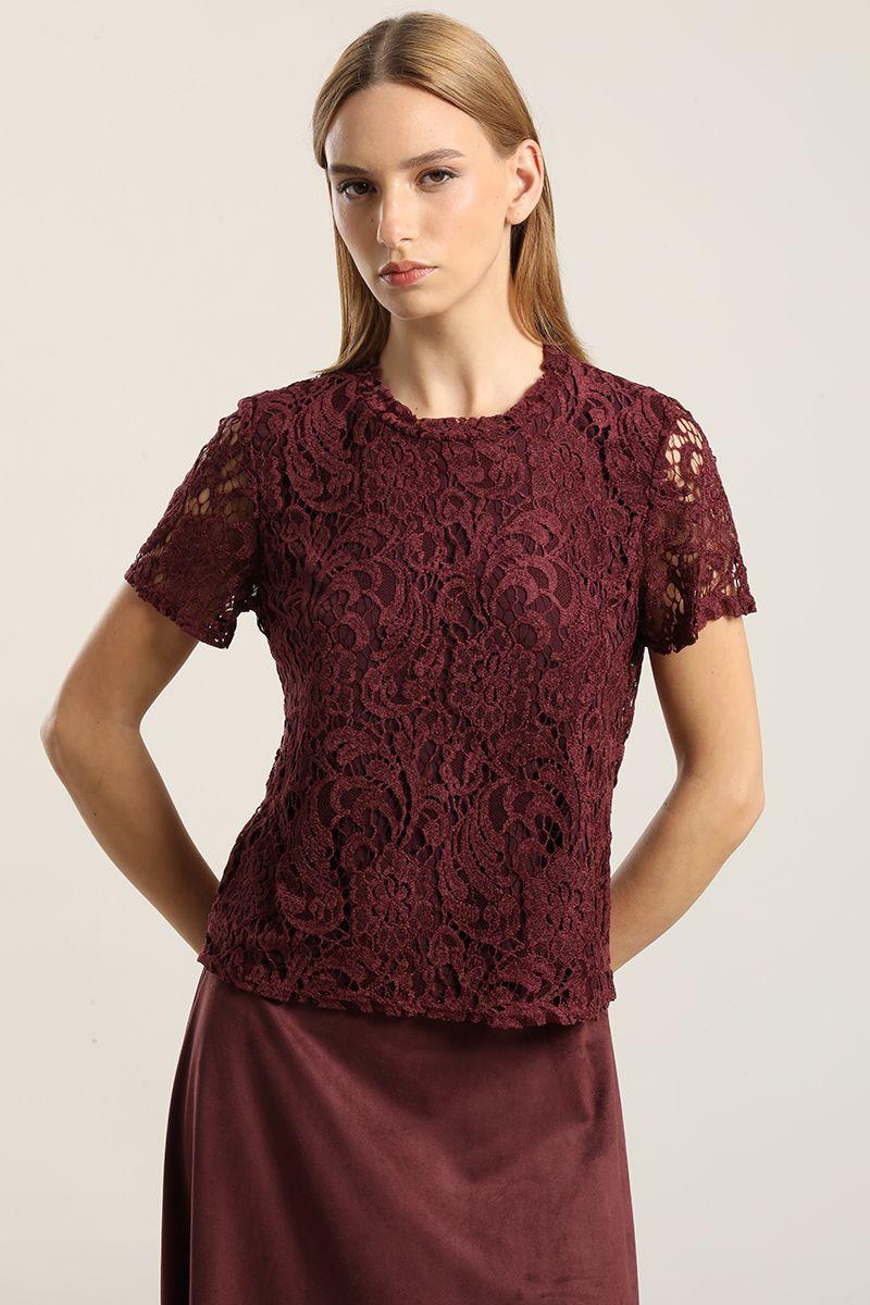 Polera manga corta, encaje, burdeo Liola-0