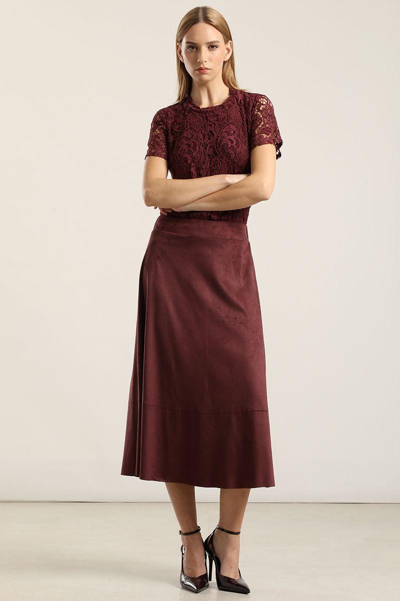 Polera manga corta, encaje, burdeo Liola-1