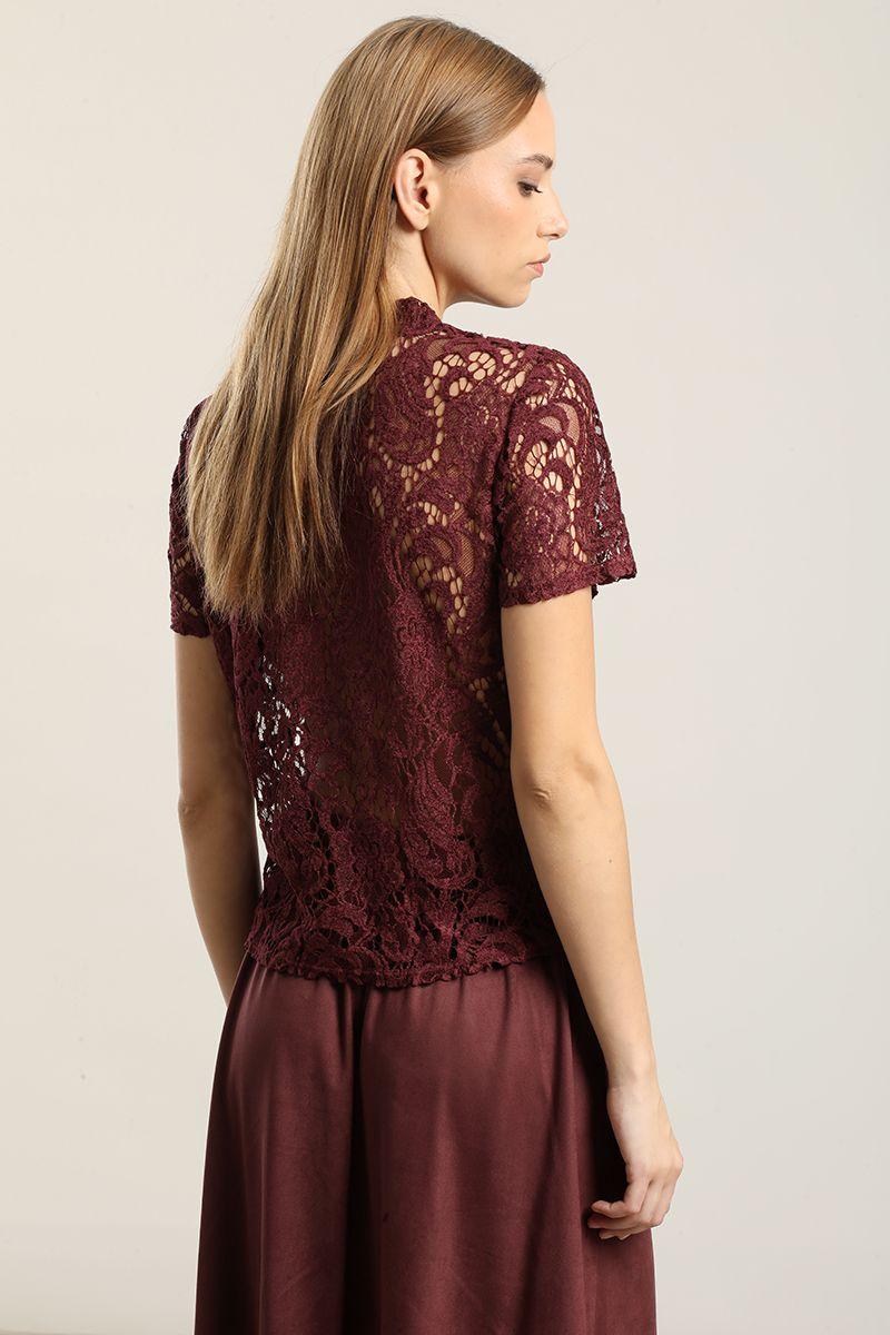 Polera manga corta, encaje, burdeo Liola-3