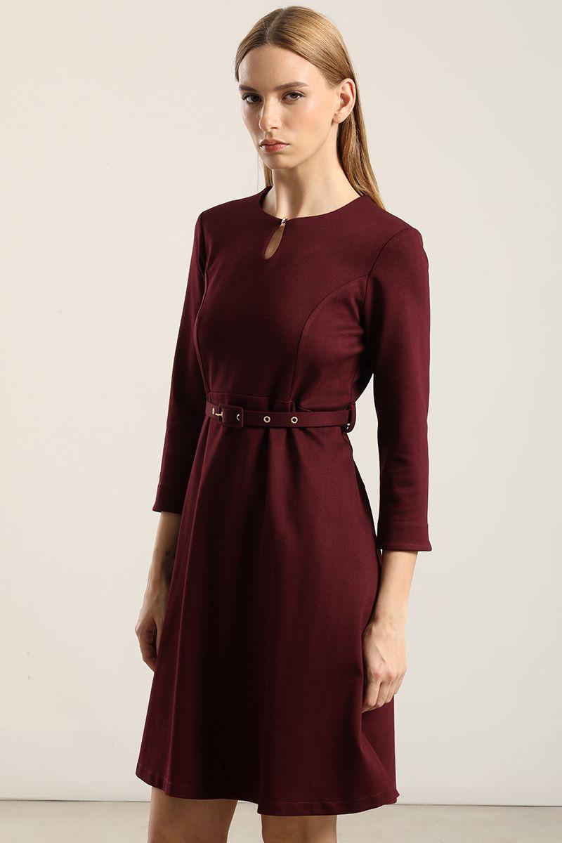 Vestido Rodilla, Con Cinturon, Burdeo Liola-0