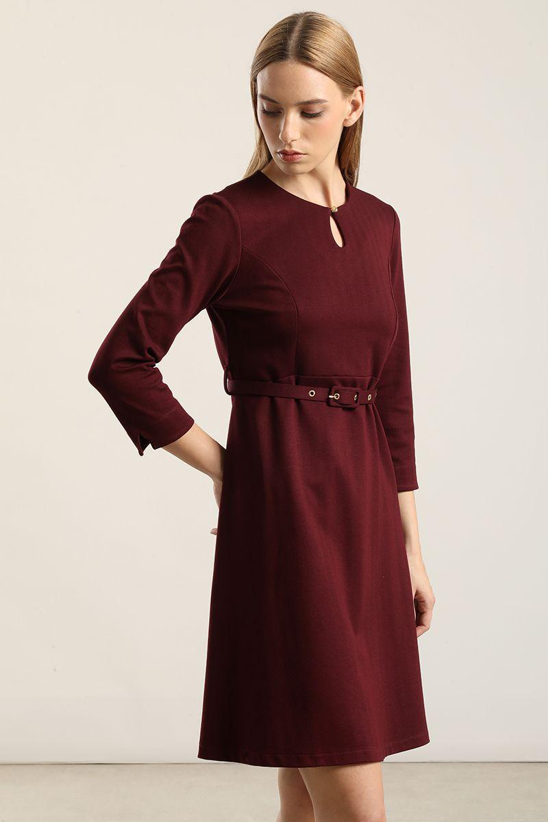 Vestido Rodilla, Con Cinturon, Burdeo Liola-1