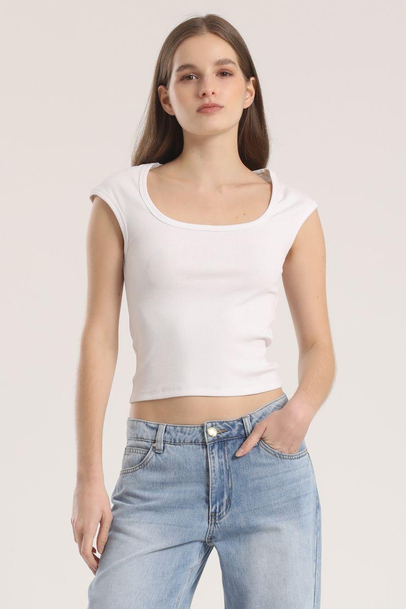 Polera escotada ribb liola mujer crudo-0