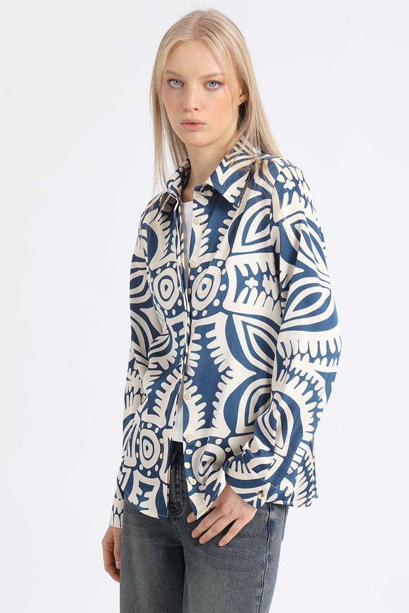 Camisa Satin Estampado Bicolor Boho, Azul Liola-4