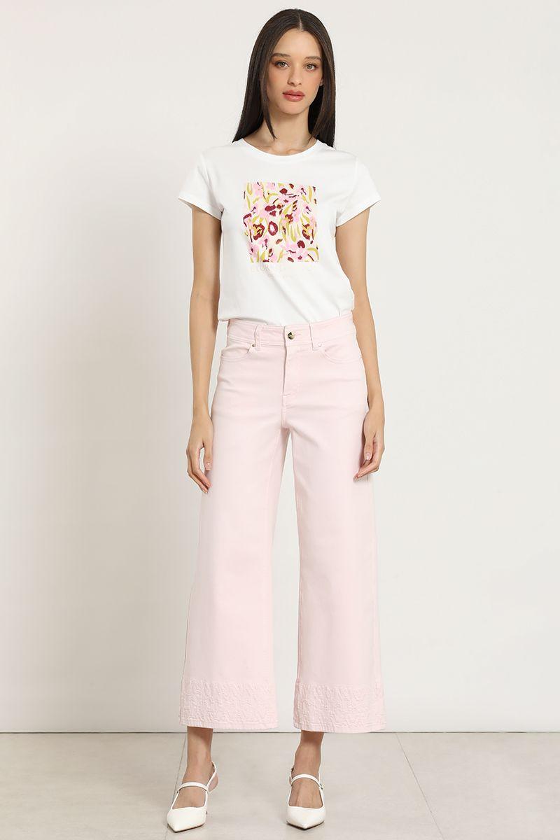 Jeans color wide leg, bordado, rosa Liola-0