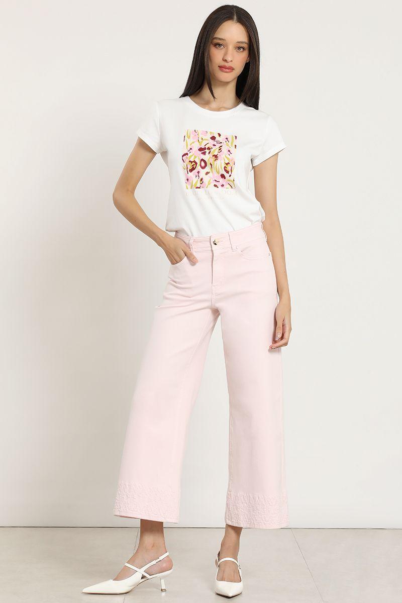 Jeans color wide leg, bordado, rosa Liola-1