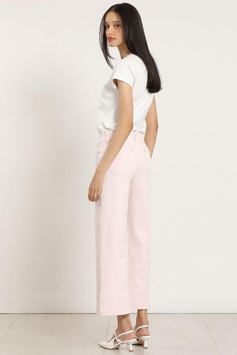 Jeans color wide leg, bordado, rosa Liola-2