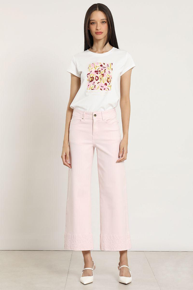 Jeans color wide leg, bordado, rosa Liola-3