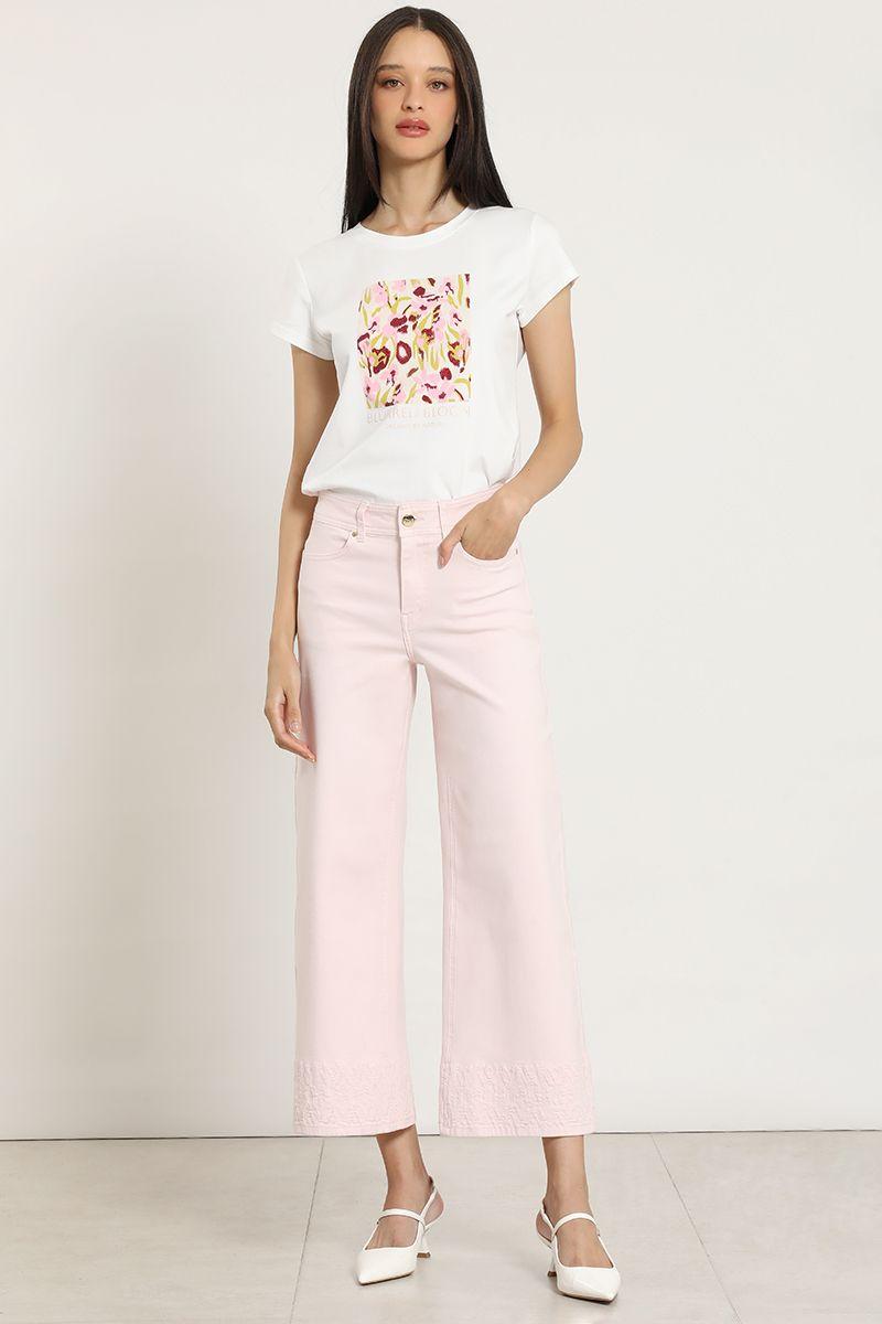 Jeans color wide leg, bordado, rosa Liola-5