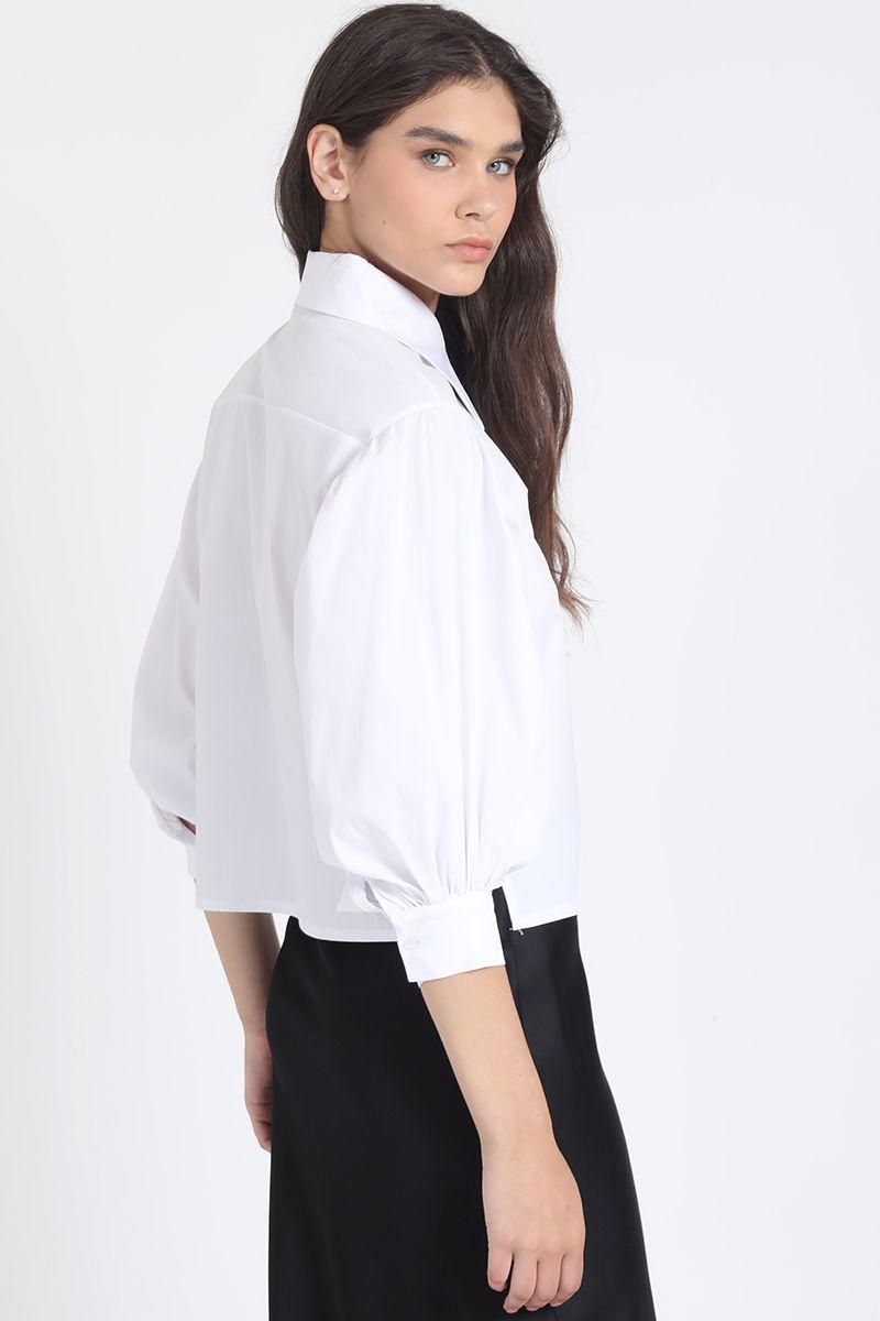 Camisa Crop, Hombro Recogido, Blanco Liola-0