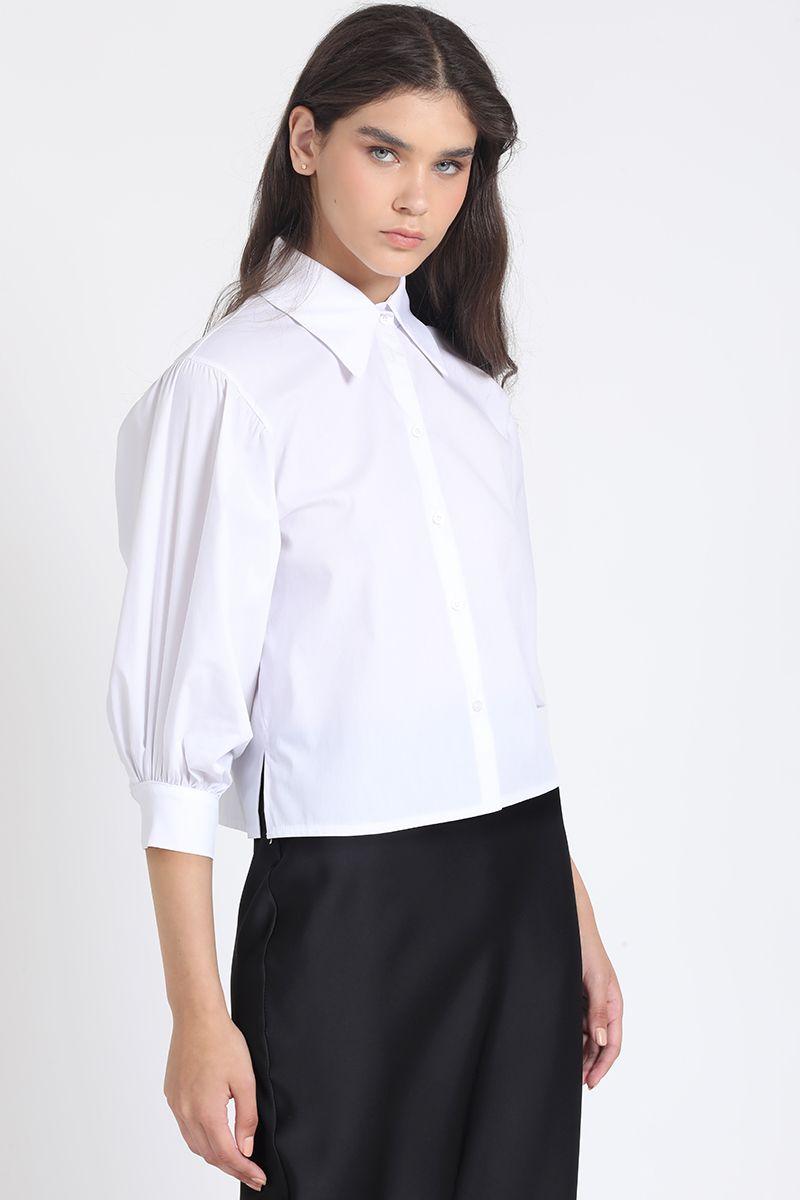 Camisa Crop, Hombro Recogido, Blanco Liola-2