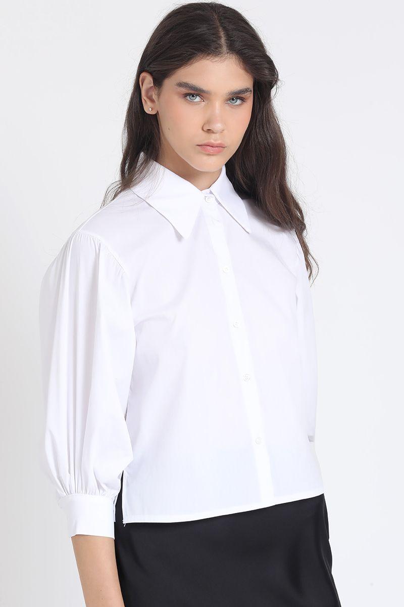 Camisa Crop, Hombro Recogido, Blanco Liola-4