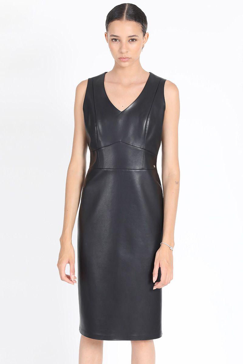 Vestido Midi Entallado Efecto Cuero, Negro Liola-0