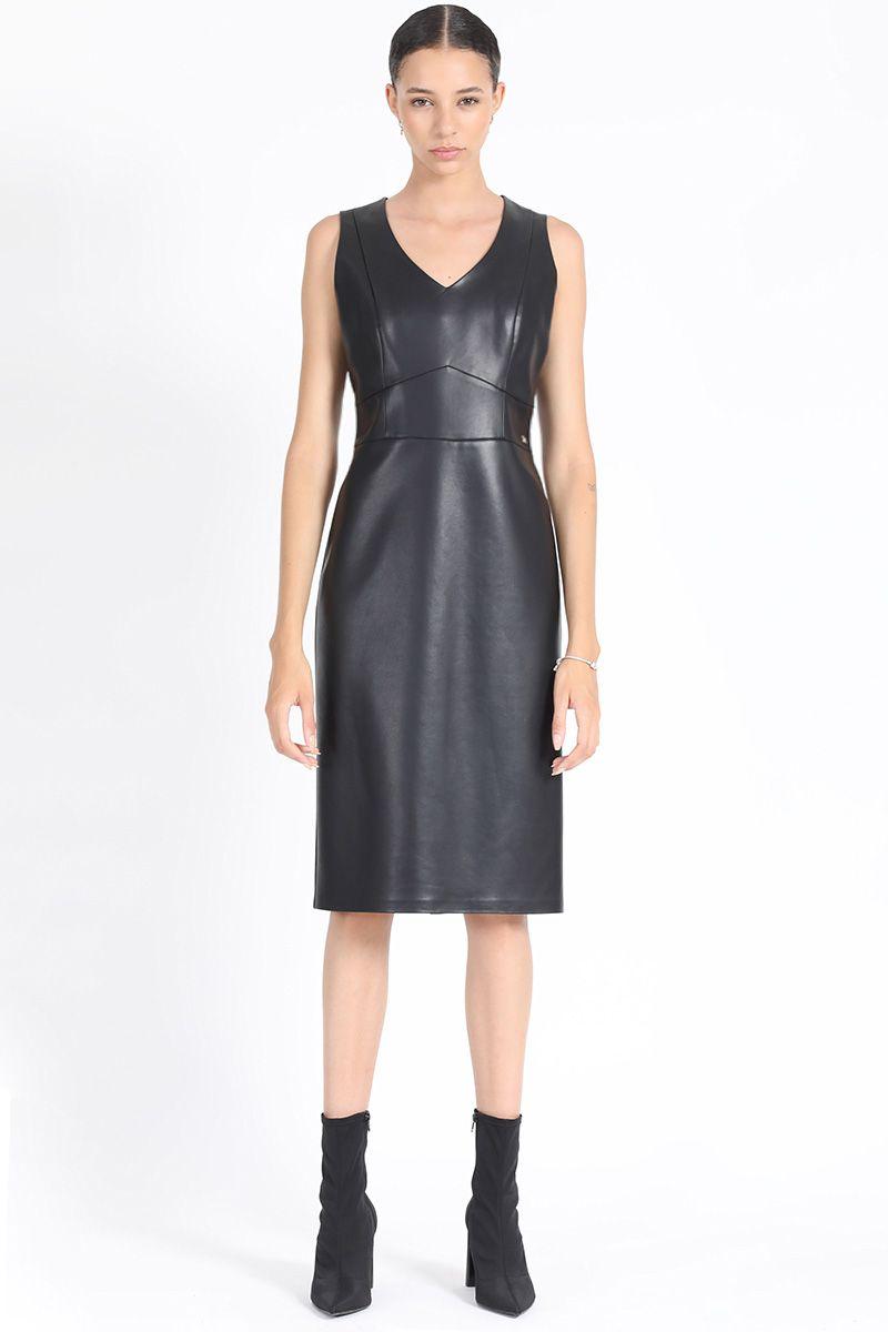 Vestido Midi Entallado Efecto Cuero, Negro Liola-1