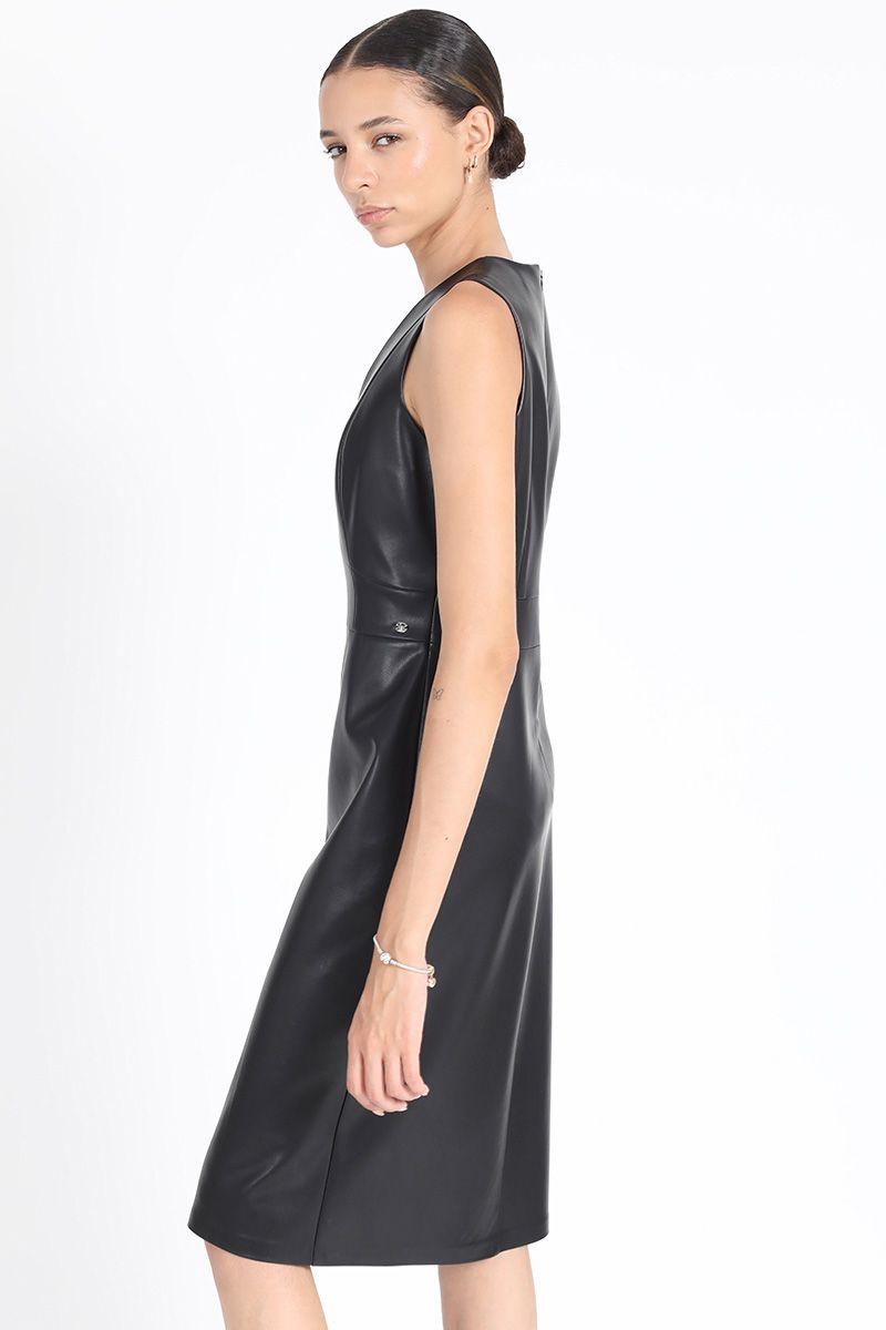 Vestido Midi Entallado Efecto Cuero, Negro Liola-2