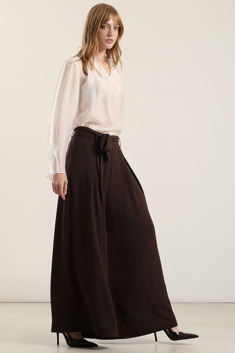 Pantalón palazzo pliegues, chocolate Liola-5
