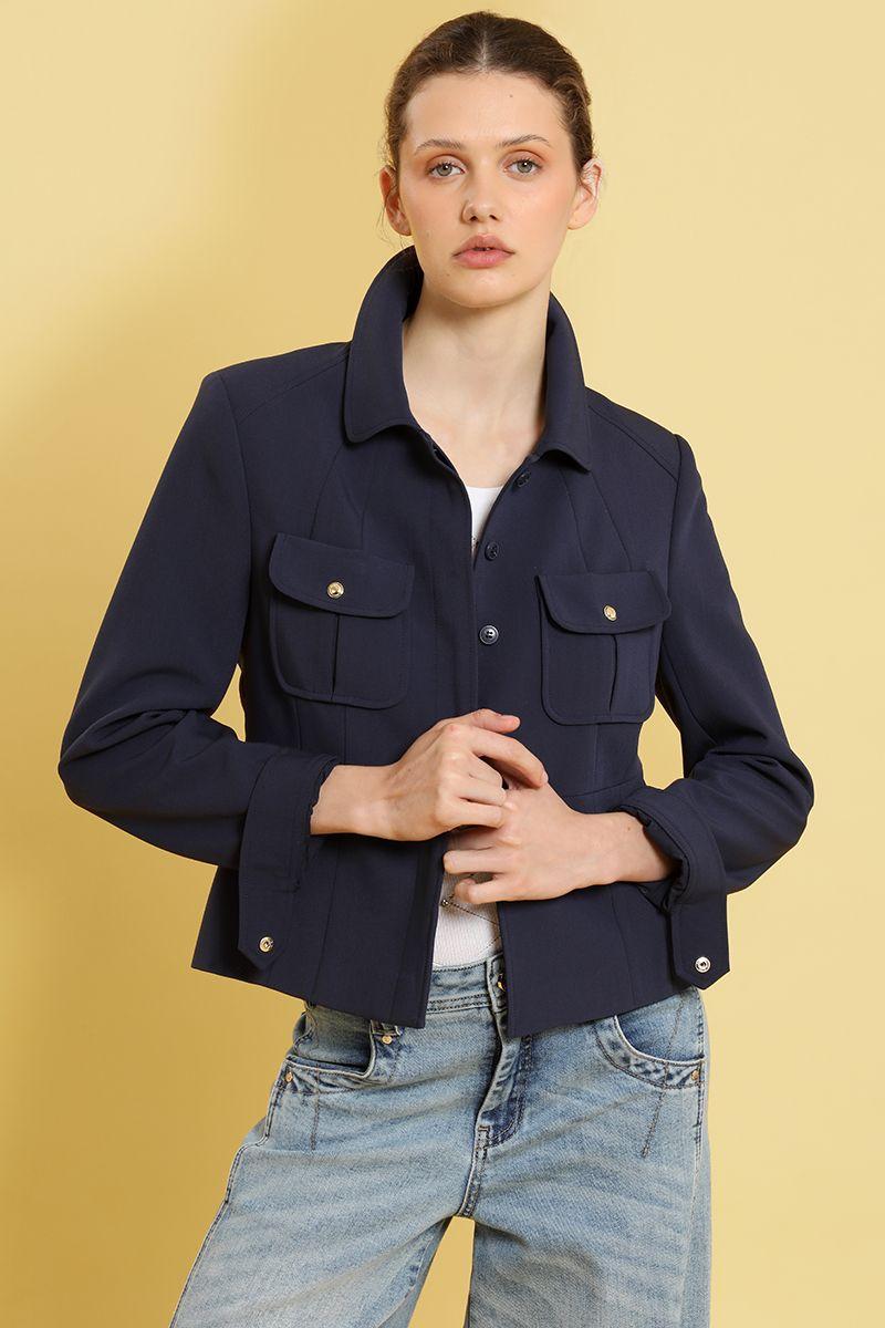 Chaqueta entallada, bolsillo parche, azul Liola-0