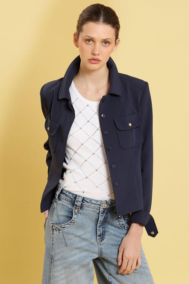 Chaqueta entallada, bolsillo parche, azul Liola-2