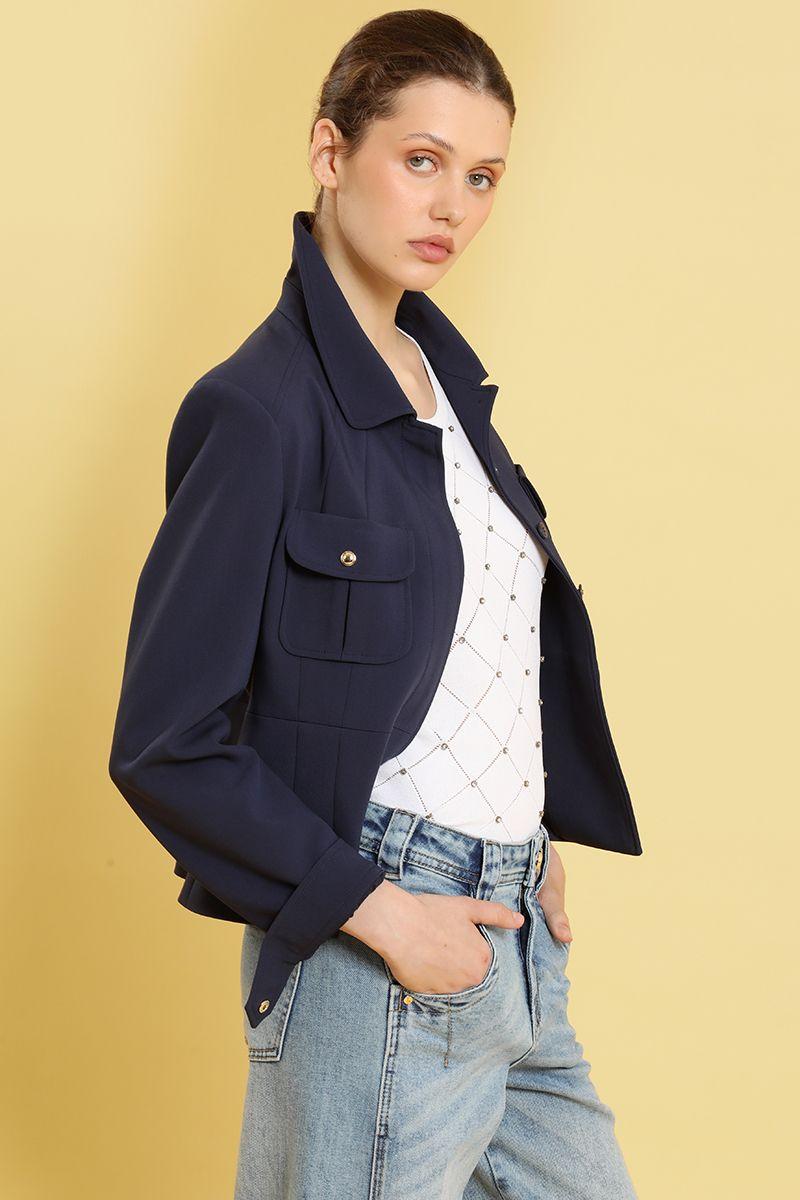 Chaqueta entallada, bolsillo parche, azul Liola-4