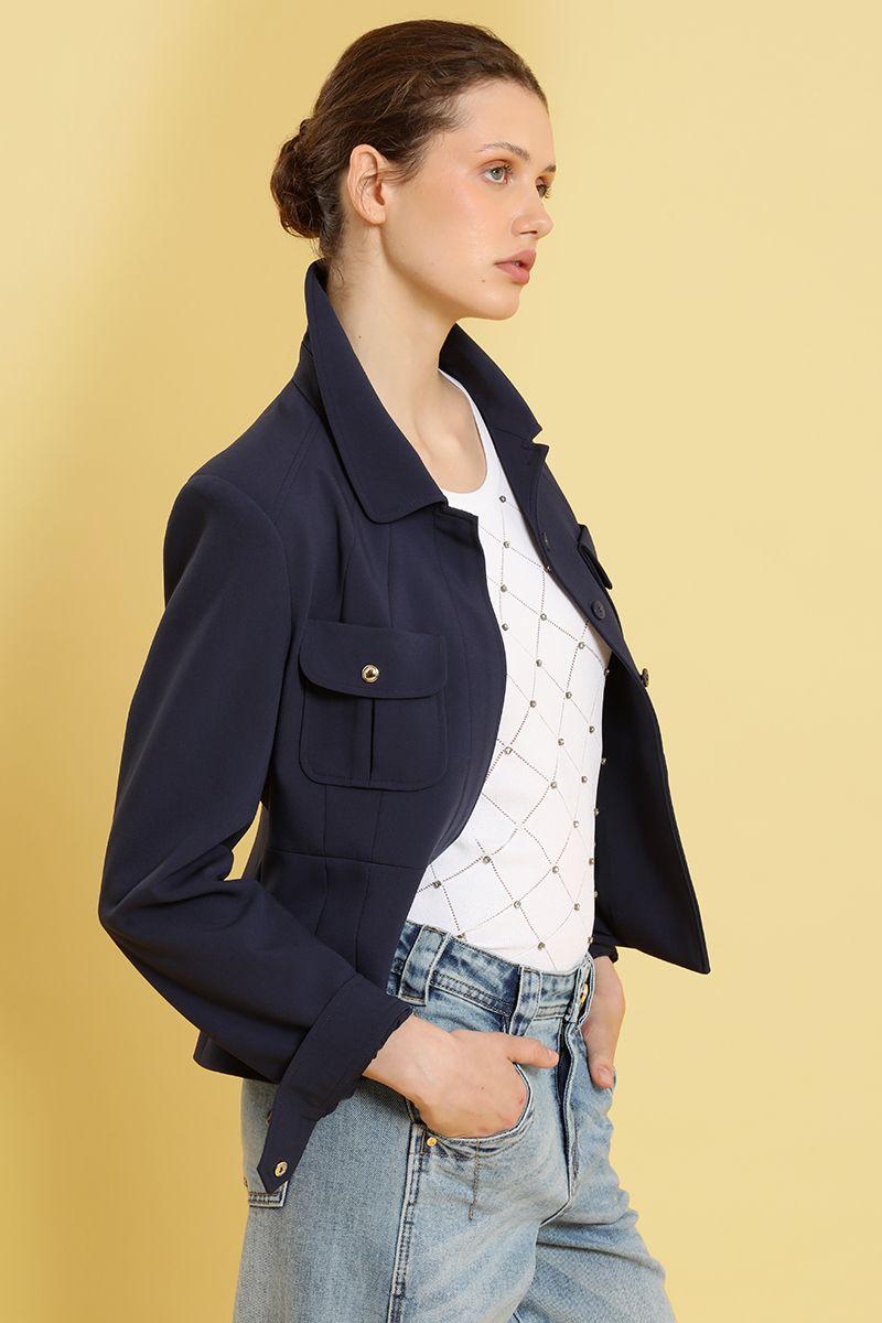 Chaqueta entallada, bolsillo parche, azul Liola-5