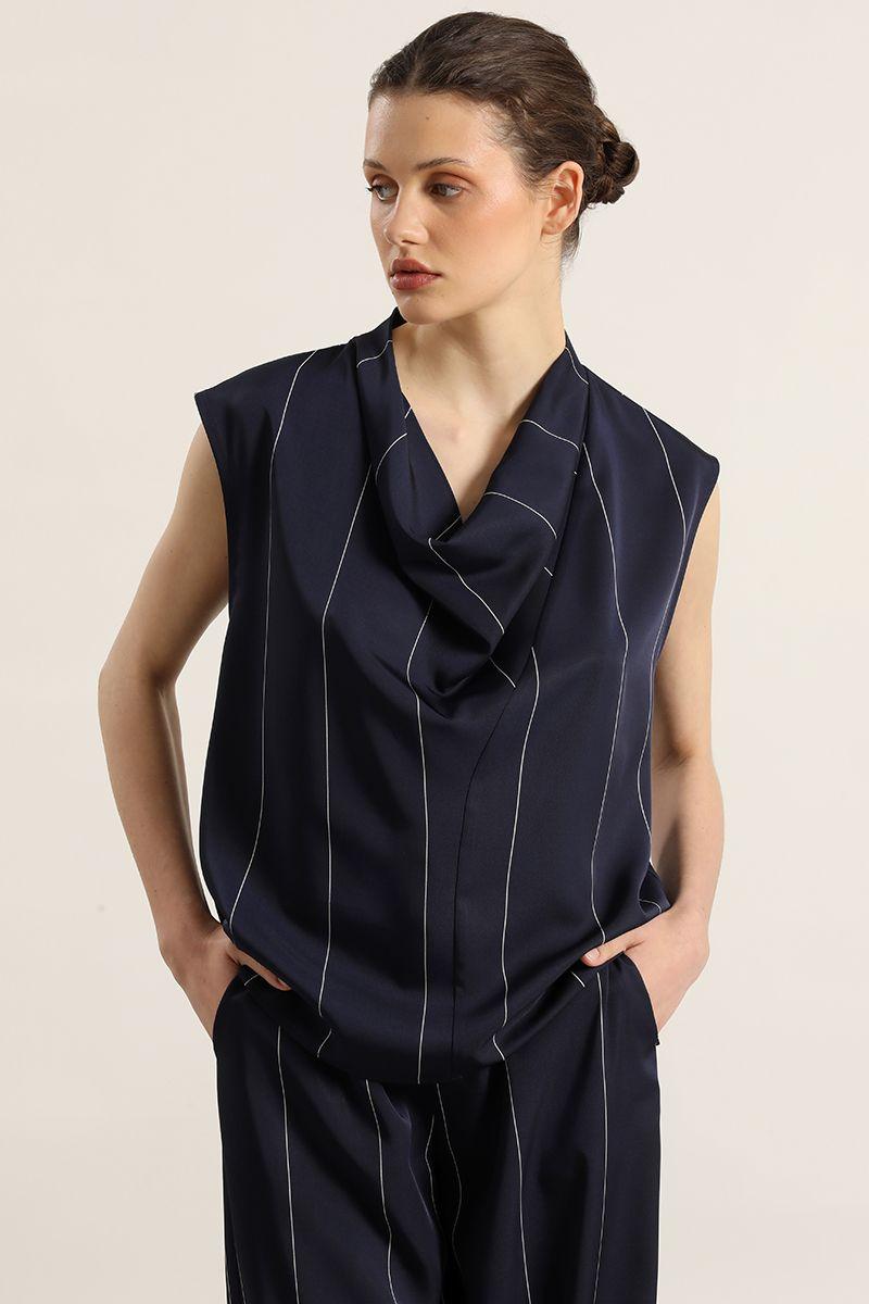 Top satin drapeada, rayas, azul Liola-3