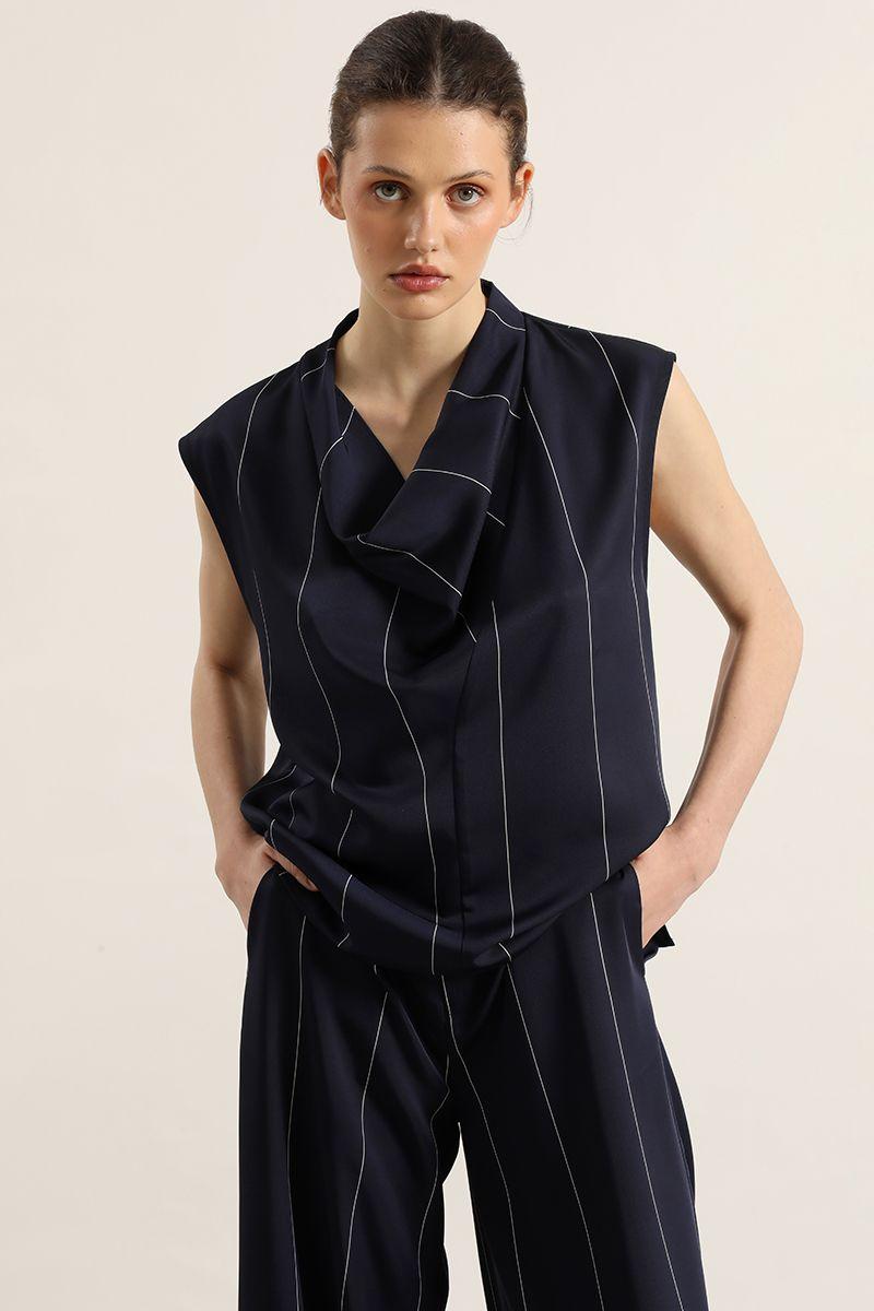 Top satin drapeada, rayas, azul Liola-4