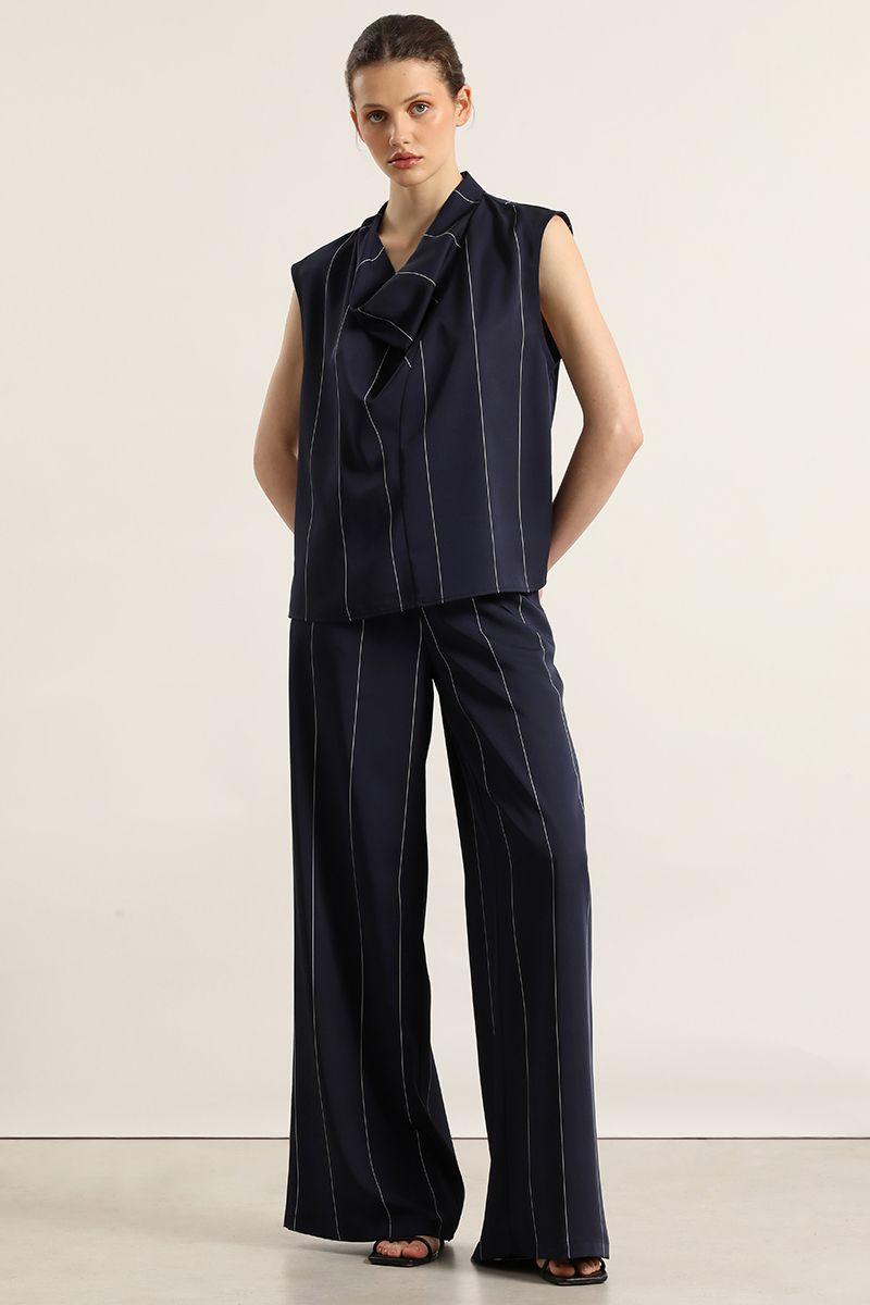 Top satin drapeada, rayas, azul Liola-5