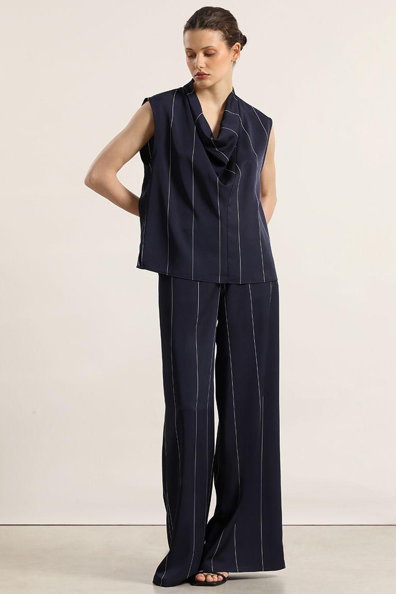 Top satin drapeada, rayas, azul Liola-6