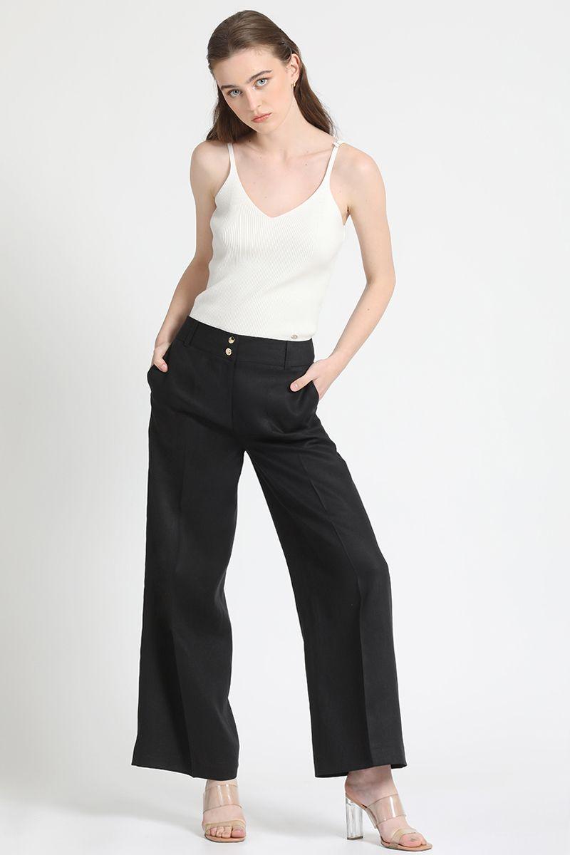 Pantalon Ancho Lino Algodón Negro Liola-0