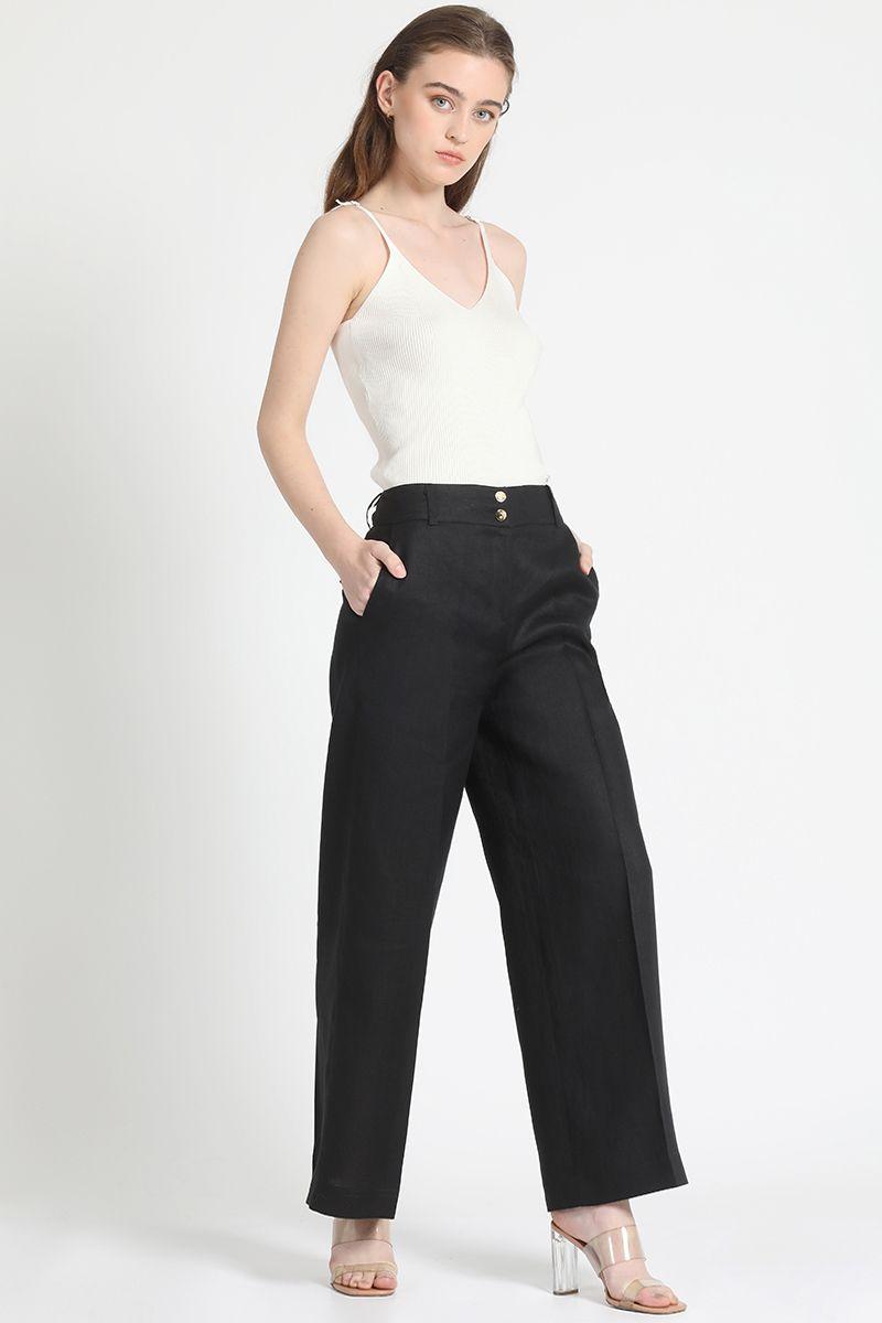 Pantalon Ancho Lino Algodón Negro Liola-4