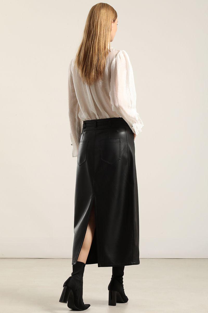 Falda Midi, Efecto Cuero Negro Liola-2