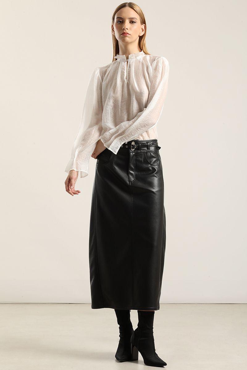 Falda Midi, Efecto Cuero Negro Liola-3