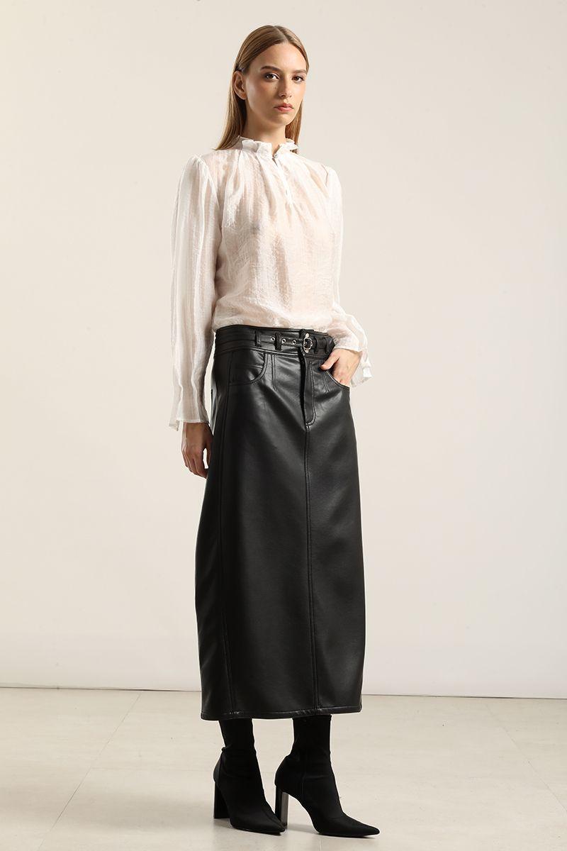 Falda Midi, Efecto Cuero Negro Liola-4