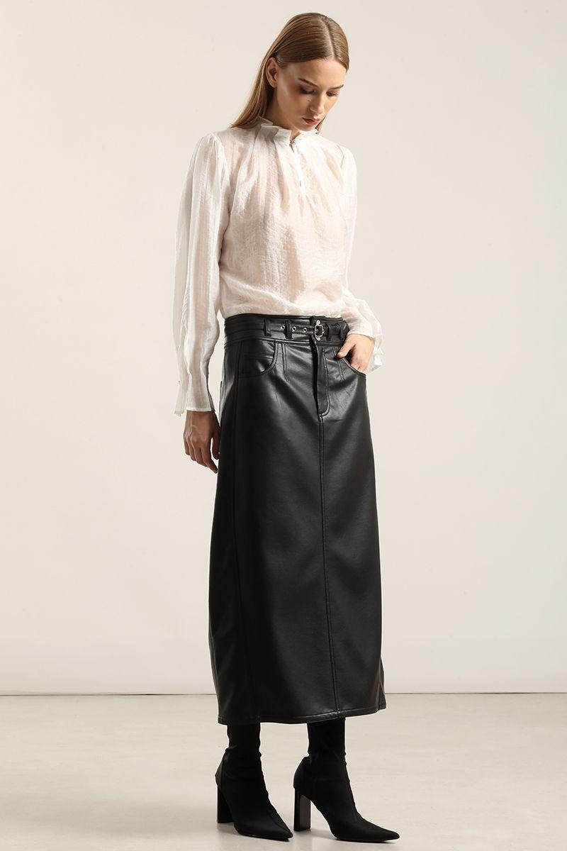 Falda Midi, Efecto Cuero Negro Liola-5