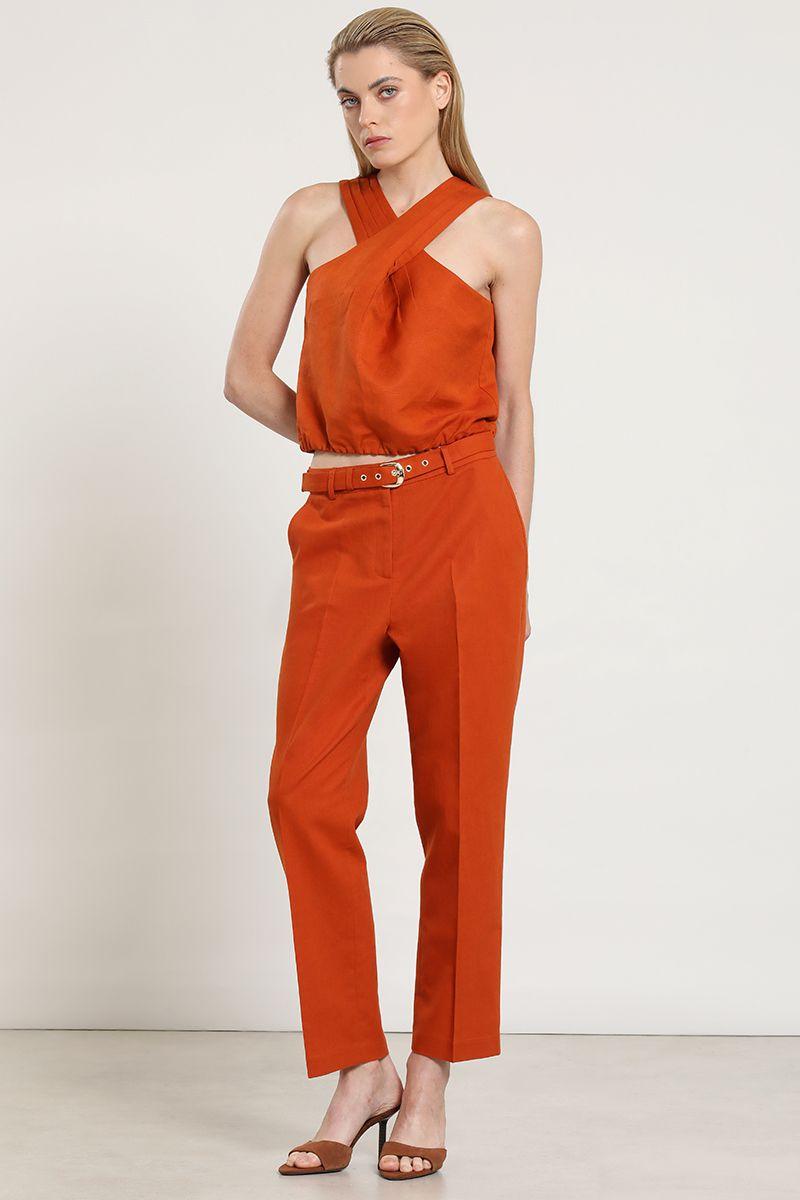 Pantalon sastre lino algodon, oxido Liola-0