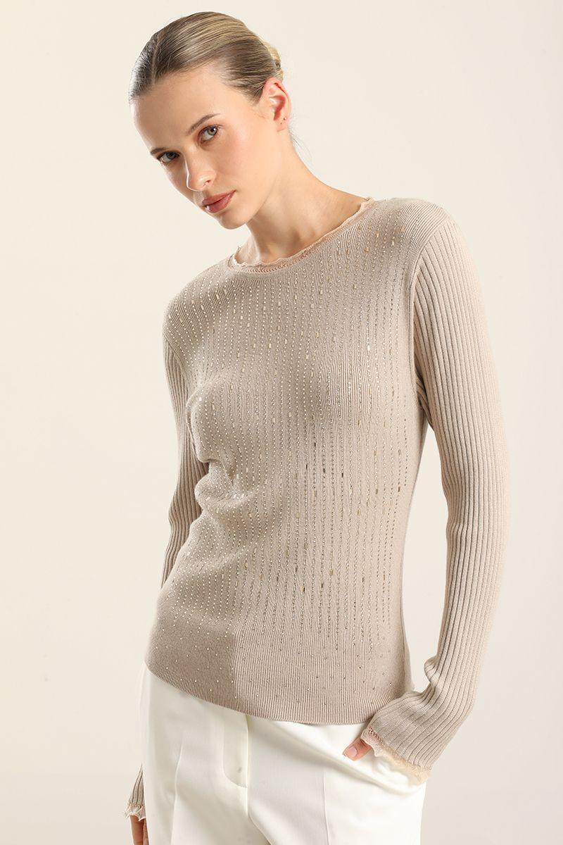 Jersey Punto Aplicacion Strass, Beige Liola-0