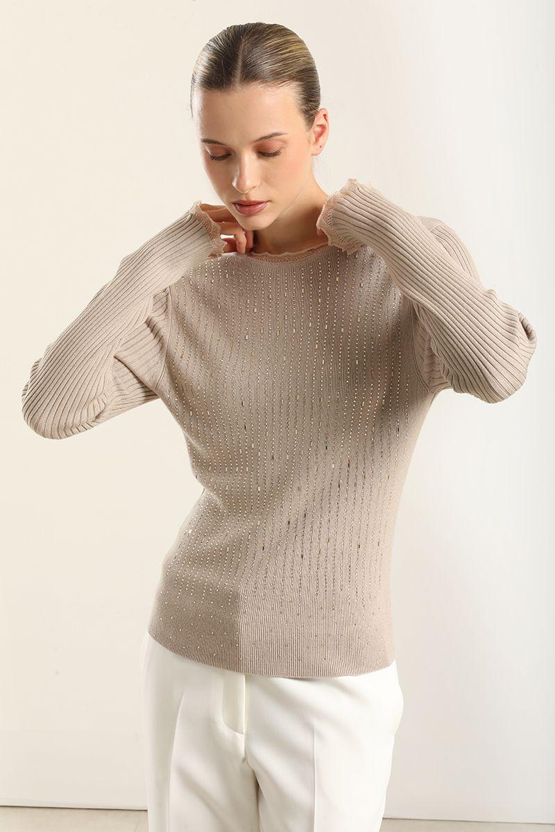 Jersey Punto Aplicacion Strass, Beige Liola-3