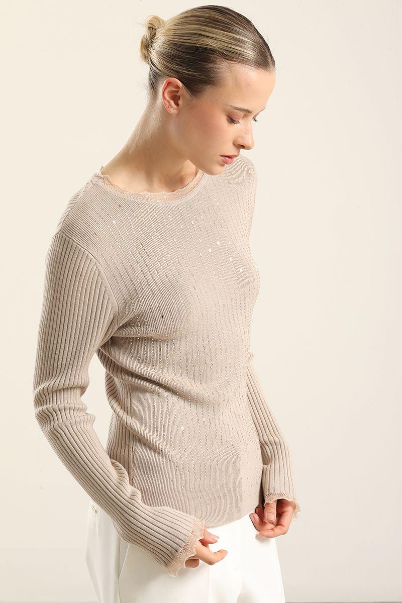 Jersey Punto Aplicacion Strass, Beige Liola-4