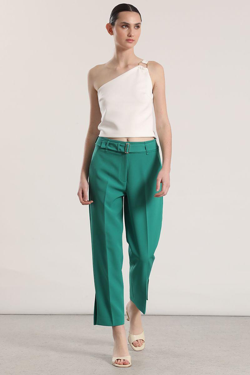 Pantalón sastre con cinturón liola mujer verde-0