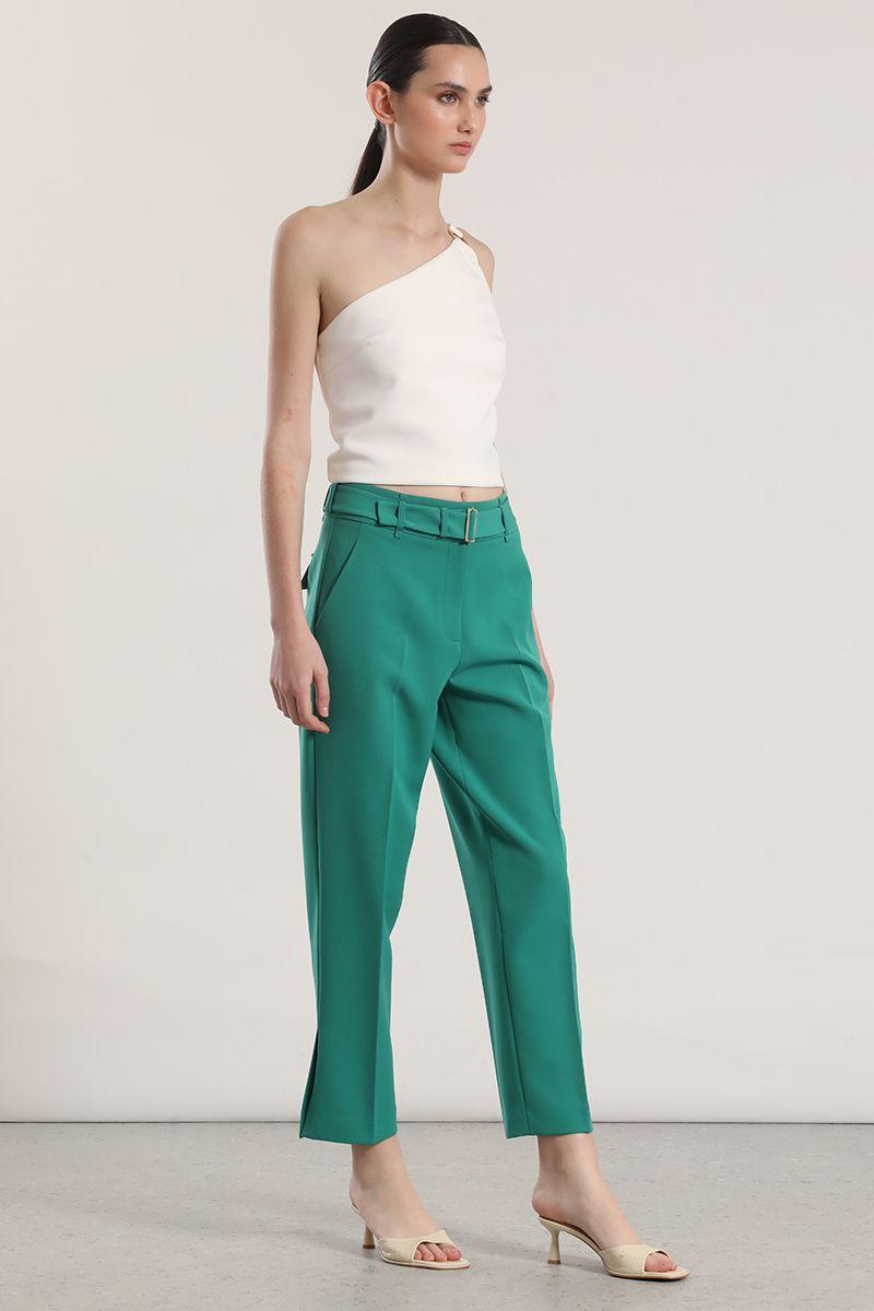 Pantalón sastre con cinturón liola mujer verde-2