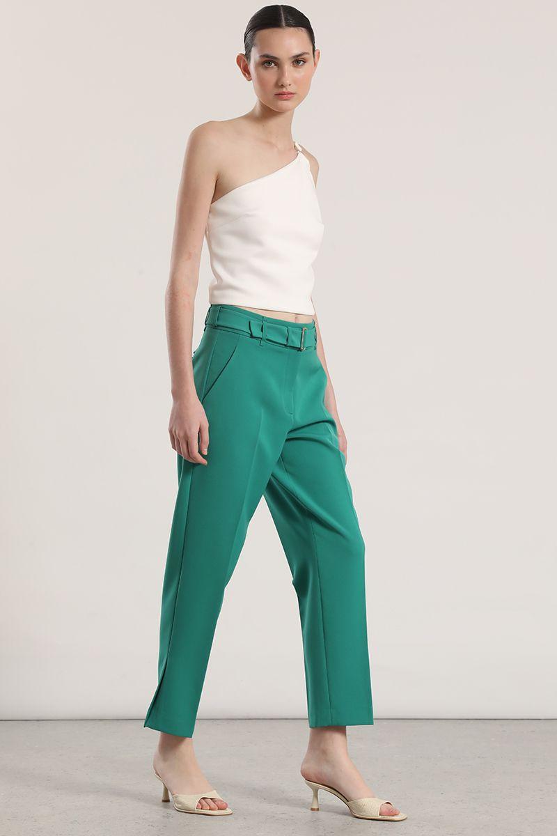 Pantalón sastre con cinturón liola mujer verde-3