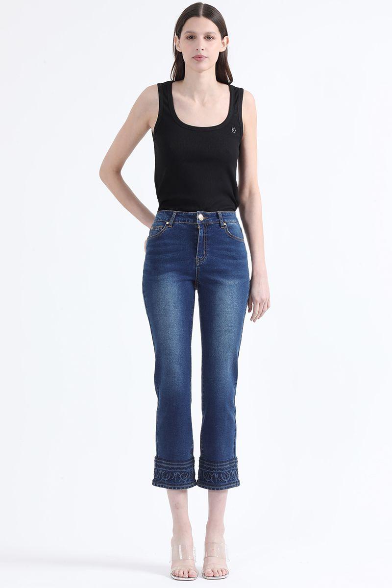 Jeans Slim Tiro Medio, Ruedo Bordado, Azul Liola-4