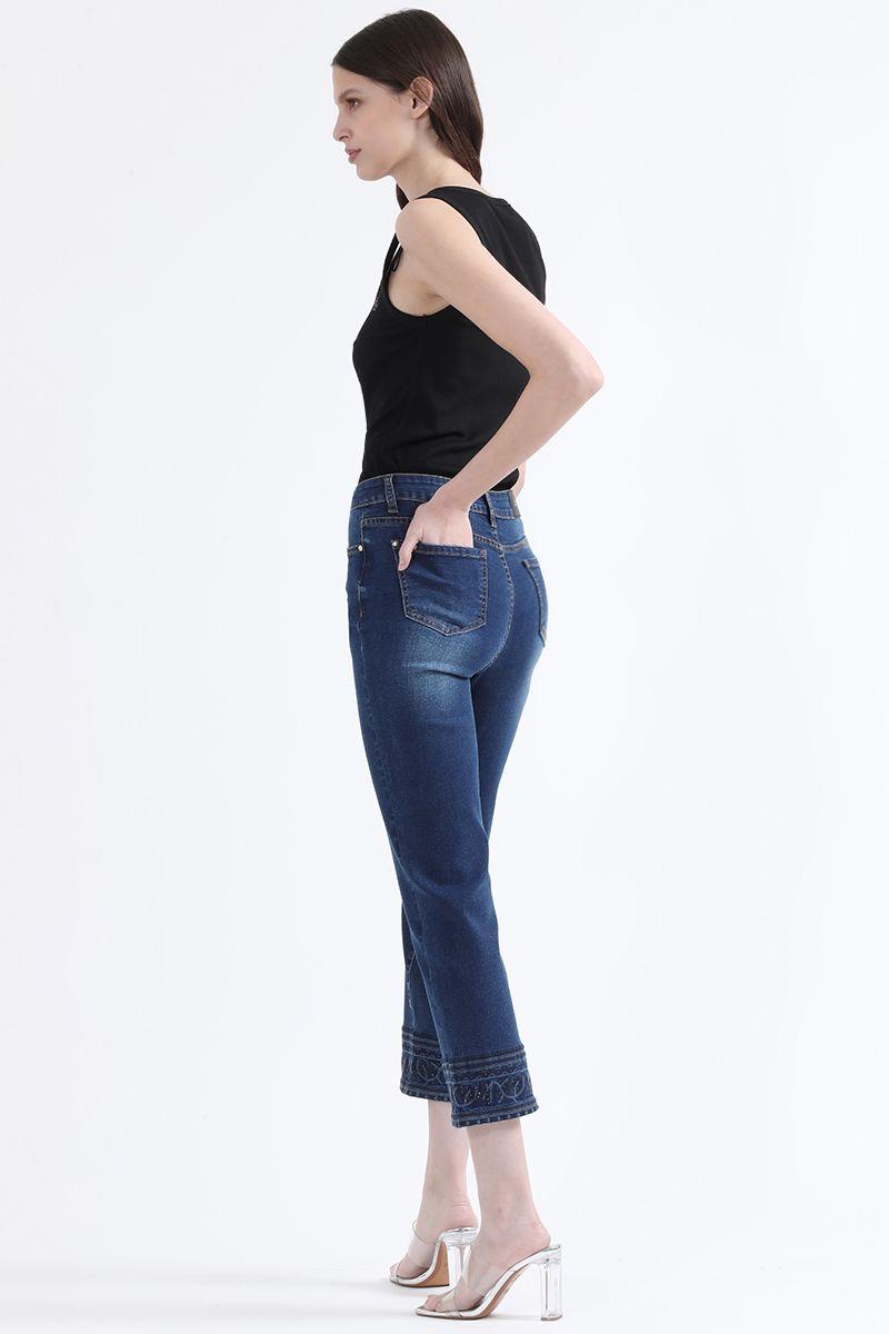 Jeans Slim Tiro Medio, Ruedo Bordado, Azul Liola-5