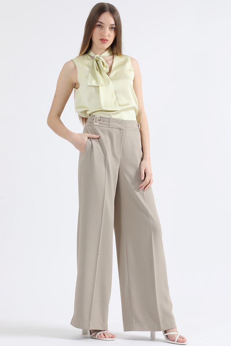 Pantalon Ancho, Tiro Alto, Con Hebillas, Beige Liola-0