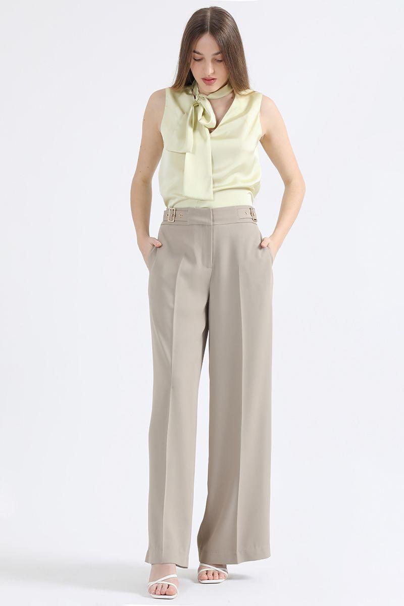 Pantalon Ancho, Tiro Alto, Con Hebillas, Beige Liola-1